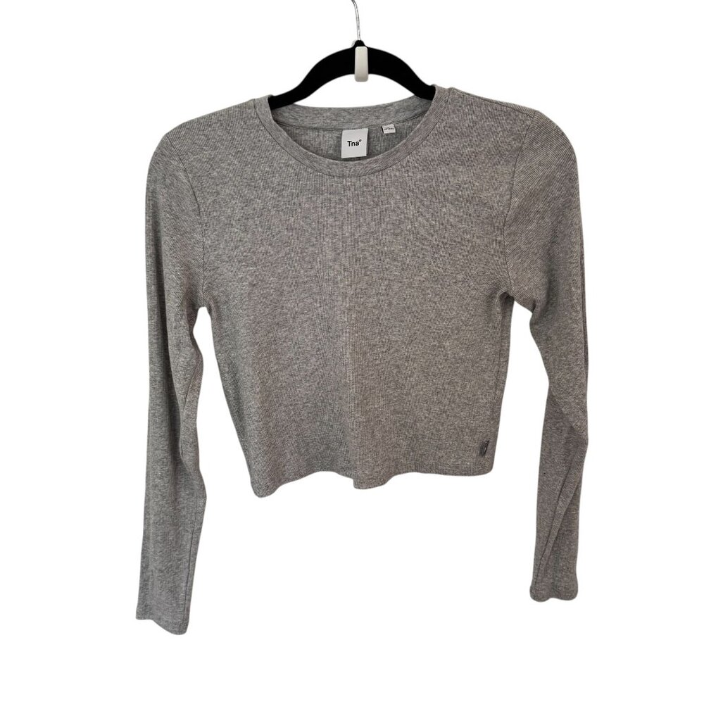 Aritzia TNA Heather Grey Ribbed Long-sleeve 100% Cotton Cropped Shirt Size L EUC